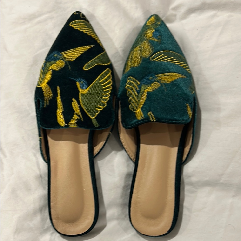 Embroidered Velvet Slip-On Mules - Green with beautiful embroidered birds!